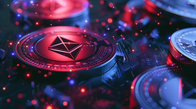 Zdjęcie wirtualna ikona monety ethereum z świecącymi efektami świetlnymi dla koncepcji transakcji kryptowalutowych