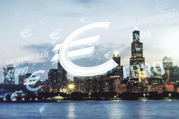 Wirtualna ilustracja symboli EURO na tle Chicago pejzaż forex i koncepcji waluty Multiexposure