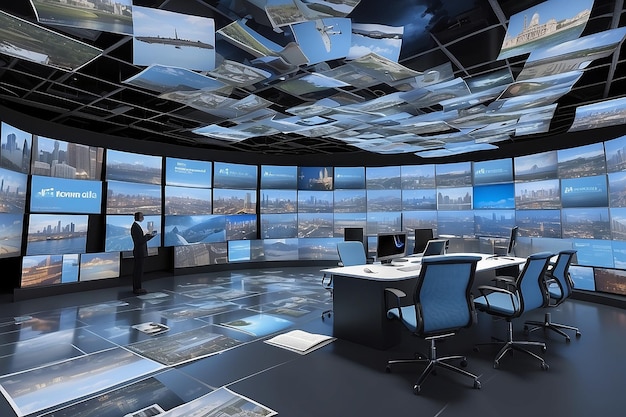 wirtualna redakcja z 3D niebem wypełnionym pływającymi nagłówkami wiadomości i obrazami