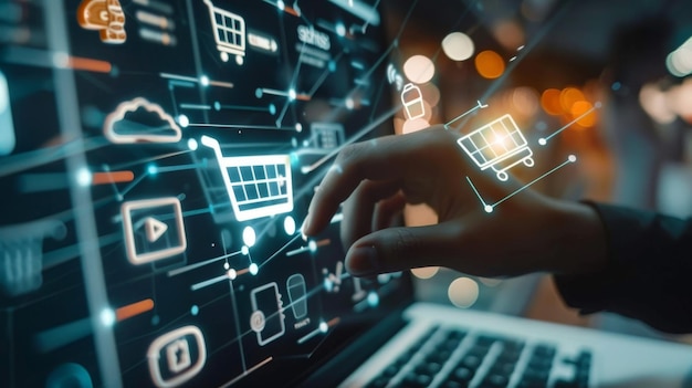 Wirtualna ręka popychająca ikonę zakupów internetowych z nowoczesnym interfejsem na komputerze i smartfonie