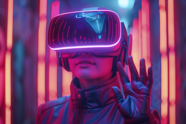 Wirtualna rzeczywistość 3D rozszerzone doświadczenie wyszedł cyfrowy generować osoba nosi VR okulary goggle headse