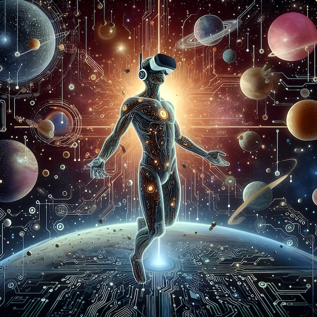 Zdjęcie wirtualna rzeczywistość koncepcja humanoid w wirtualnej rzeczywistości elektroniczne implanty cyfrowy świat scifi technologia