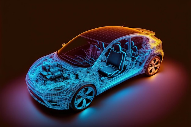 Wirtualna symulacja przyszłego samochodu elektrycznego przedstawiająca prototypowy model szkieletowy
