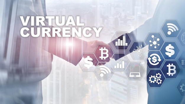 Wirtualna wymiana walut Koncepcja inwestycji Symbole walut na wirtualnym ekranie Tło technologii finansowej