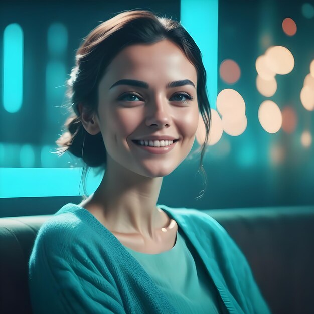 Wirtualne piękno AIGenerowane zdjęcie uśmiechniętej kobiety siedzącej i zaangażowanej w kamerę