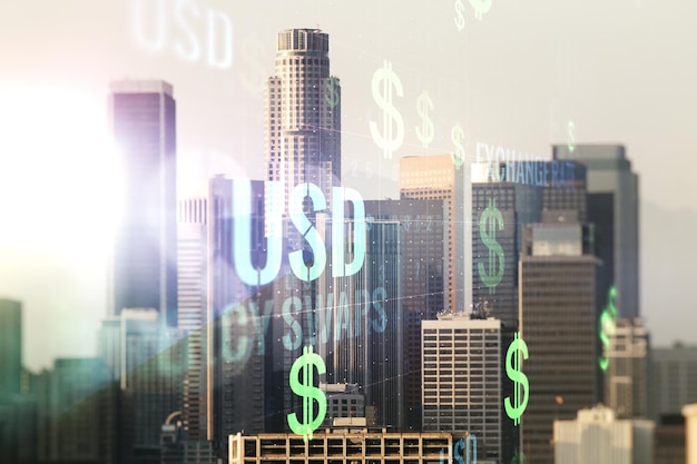 Wirtualne symbole USD ilustracja na tle panoramy Los Angeles Koncepcja handlu i waluty