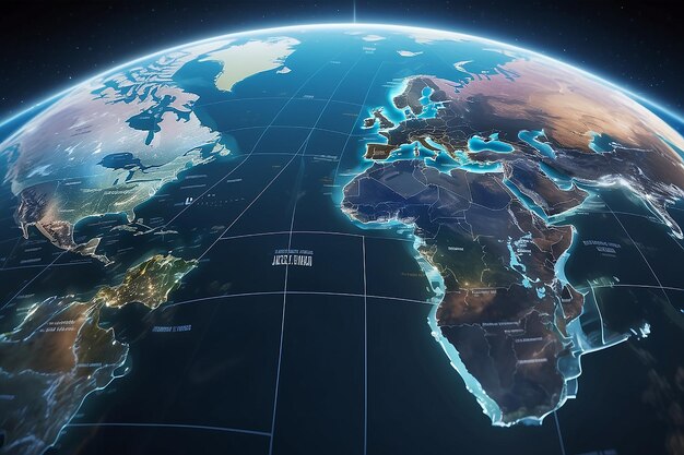 wirtualne tło wiadomości z 3D holograficzną mapą świata, która przechodzi między różnymi strefami czasowymi