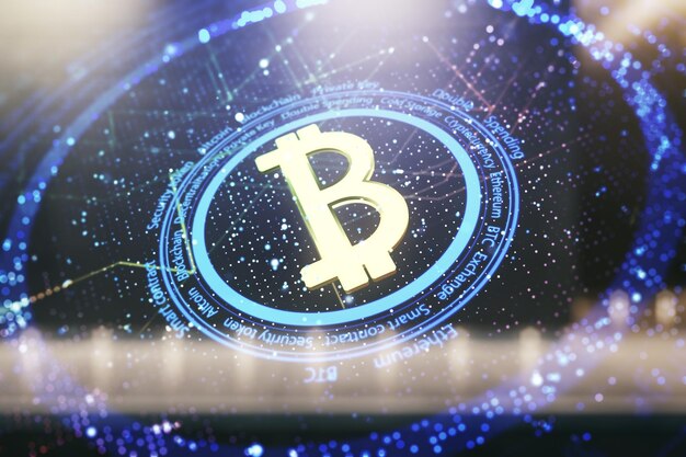 Wirtualny hologram Bitcoina na rozmytym tle nowoczesnego budynku biurowego