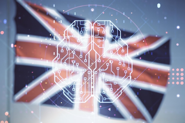 Wirtualny kreatywny hologram sztucznej inteligencji ze szkicem ludzkiego mózgu na tle flagi brytyjskiej i nieba o zachodzie słońca Podwójna ekspozycja