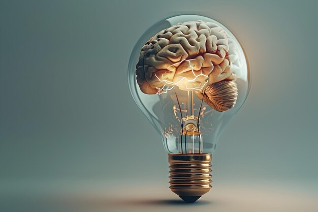 Wirtualny mózg wewnątrz żarówki Kreatywne myślenie i inteligentne innowacje