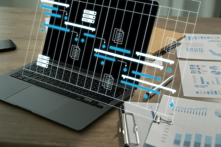 Zdjęcie wirtualny schemat zarządzania projektem na komputerze plan harmonogramu zarządzania projektem