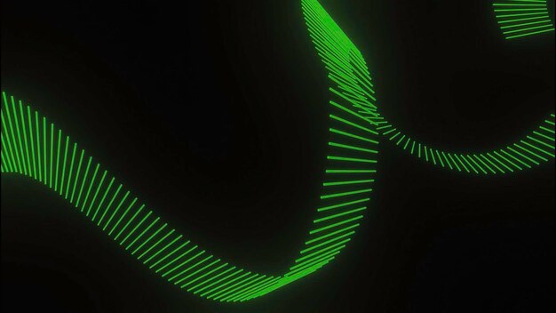 Wirująca spirala neonowych zakrzywionych zielonych linii na czarnym tle projektuje zieloną obracającą się spiralę d