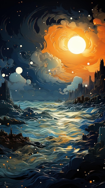 Wirujące, burzliwe niebo wypełnione gwiazdami i planetami namalowanymi w stylu Van Gogha Utworzono za pomocą Generative AI