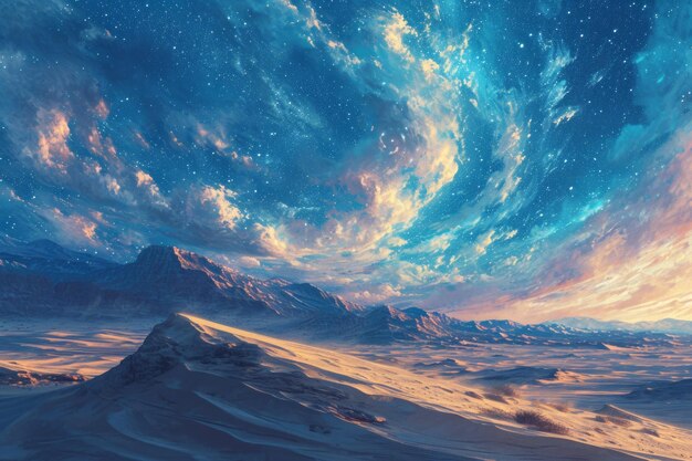 Wirujące gwiaździste burze piaskowe malują pustynne niebo hipnotyzującym niebiańskim tańcem Generacyjna sztuczna inteligencja