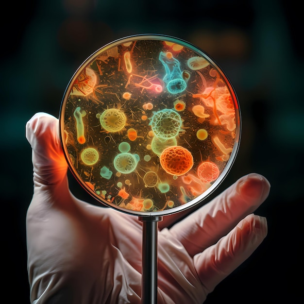 Wirusy i bakterie na tle ludzkiej dłoni ze szkłem powiększającym
