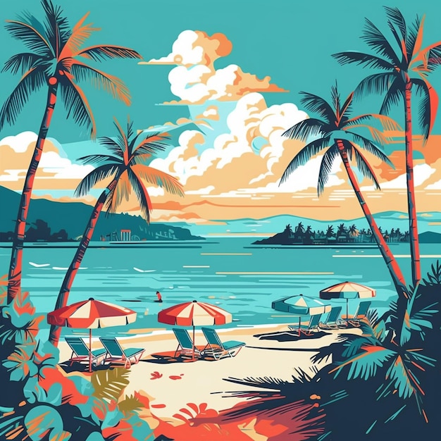wisi plakat przedstawiający plażę z palmami i krzesłami generatywnymi AI