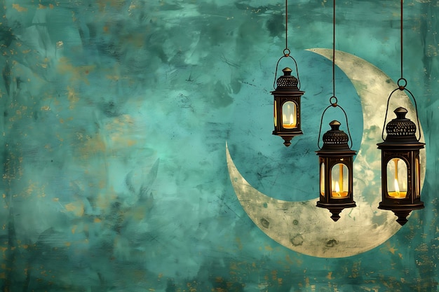 Wisiące latarnie i księżyc ramadan kareem tło