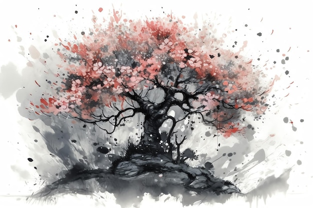 Wiśniowe drzewo z spadającymi płatkami cyfrowej sztuki ilustracji