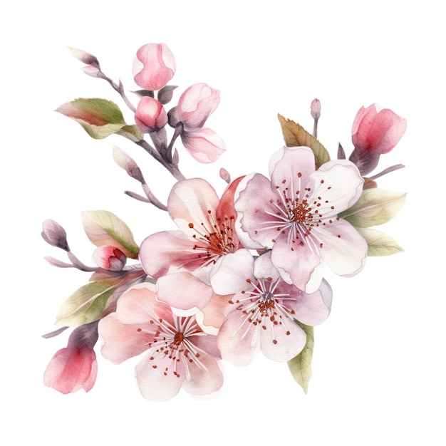 Wiśniowe kwiaty ikiebana w stylu akwareli ozdobnych puste białe tło generuje ai
