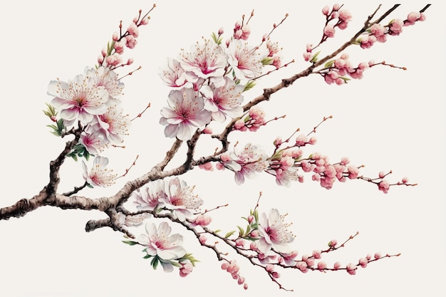 Wiśniowe kwiaty sakura kwitną w pełnym rozkwicie na gałęzi drzewa wiśniowego zanikając do białej ilustracji