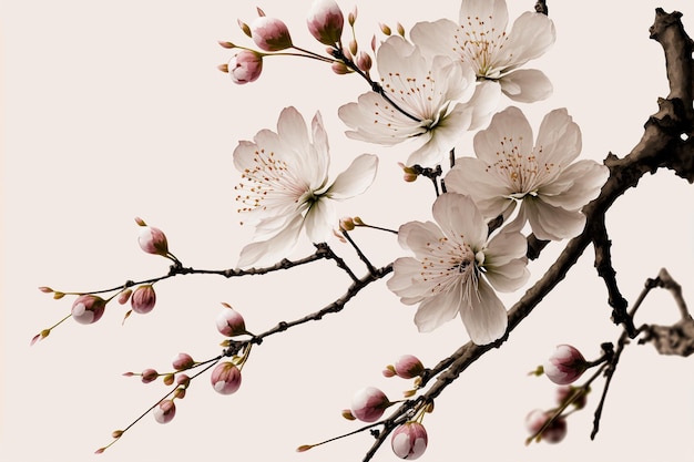 Wiśniowe kwiaty sakura kwitną w pełnym rozkwicie na gałęzi drzewa wiśniowego zanikając do białej ilustracji