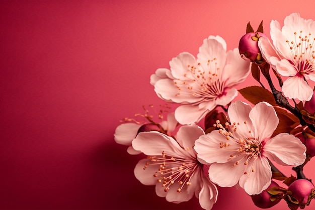 wiśniowe kwiaty w pełnym rozkwicie na różowym tle miejsca na kopię