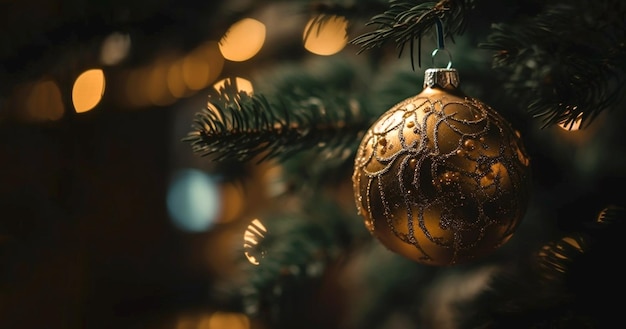 Wiszące lśniące kolorowe złote kulki Ozdoba świąteczna ozdoba na choinkę Tło dla sezonowych pozdrowień Wesołych Świąt koncepcja dekoracji bokeh światła