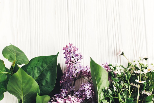 Zdjęcie witaj wiosenny obraz piękne stokrotki i liliowe kwiaty z zielenią na rustykalnym białym drewnianym tle widok z góry miejsce na tekst kartkę z życzeniami dzień ziemi szczęśliwe matki dzień kobiety ecoxa