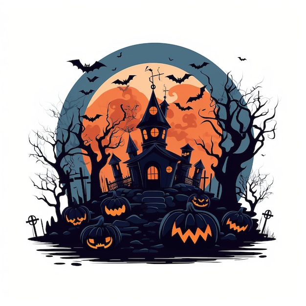 Witch Haunted House Pumpkins Nietoperze Halloween Holiday Design Straszna głowa dyni Generative Ai