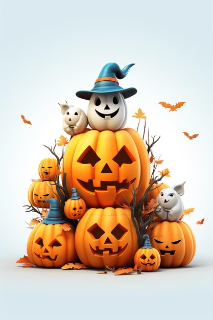 Witch Haunted House Pumpkins Nietoperze Halloween Holiday Design Straszna głowa dyni Generative Ai