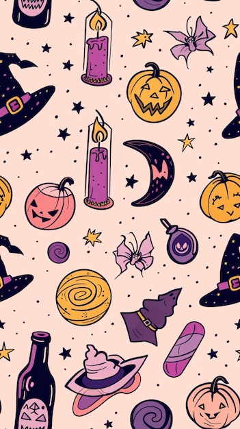 Witches Essentials Pattern Witchy Halloween Zestaw przedmiotów czarowniczych Zbiór magii czarowniczej