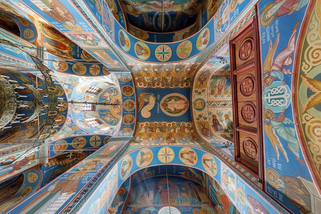WITEBSK BIAŁORUŚ SIERPIEŃ 2019 kopuła wewnętrzna i widok w górę starego cerkwi strop i sklepienie z freskiem