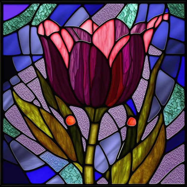 Witraż z kwiatem czerwonego tulipana Generacyjna sztuczna inteligencja Nie jest oparta na żadnej rzeczywistej scenie ani wzorze