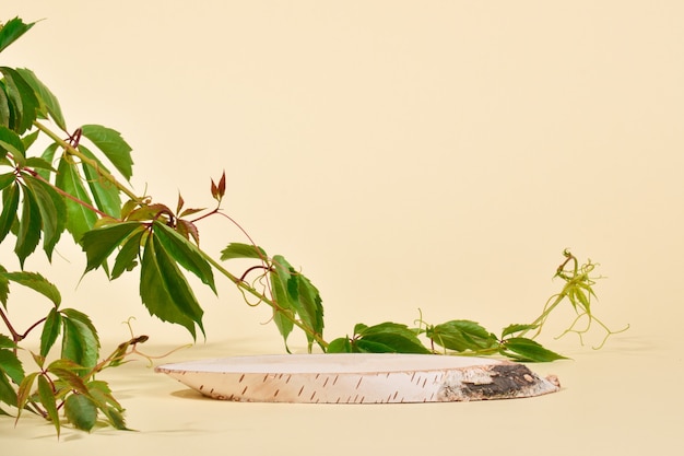 Witryna wykonana z naturalnego drewna brzozowego i bluszczowego. Podium do prezentacji towarów i kosmetyków wykonane jest z drewna na beżowym tle. Minimalistyczna scena brandingowa.