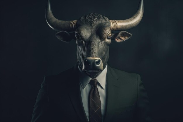 Wizerunek byka w garniturze i krawacie, eleganckie zwierzę reprezentujące biznesmena Generative AI