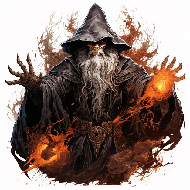 wizerunek czarodzieja z długą brodą i czarną szatą