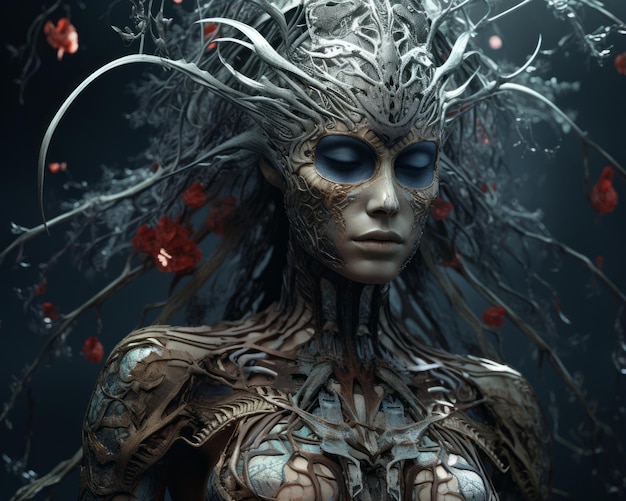 wizerunek kobiety o niebieskich oczach i kwiatach na głowie