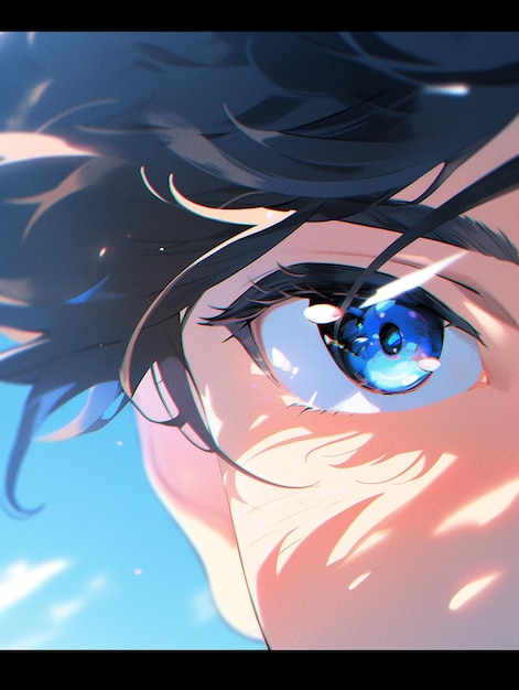Wizerunek kobiety o niebieskich oczach w stylu anime, patrzącej na generatywną sztuczną inteligencję