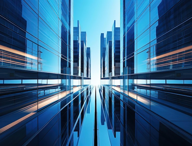 wizerunek korporacyjny pokazujący niebieskie szklane budynki w stylu płaskich perspektyw