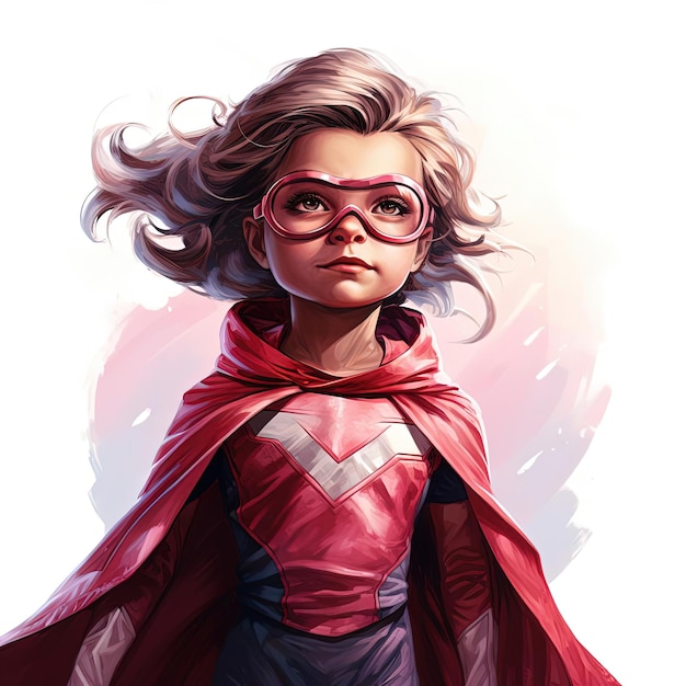 wizerunek małej dziewczynki przebranej za superbohatera w stylu romantycznych ilustracji