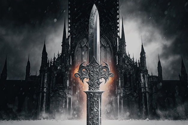 Wizerunek srebrnego miecza w płomieniach na tle czarnego śniegu