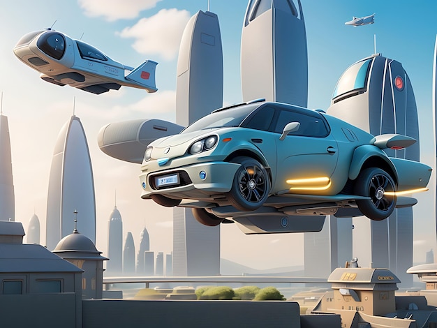 Wizje jutra Futurystyczne latające samochody Sztuka pejzażu miejskiego