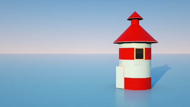 Wizualizacja 3D budynków na wodzie, latarni morskiej.