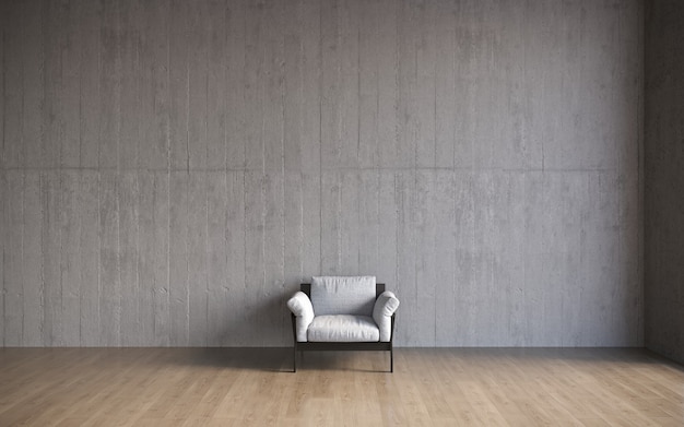 Wizualizacja 3d dużego przestronnego nowoczesnego wnętrza z betonową ścianą i wygodną kanapą z ł