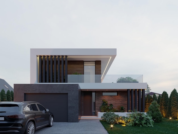 Wizualizacja 3D nowoczesnego domu z basenem. luksusowa architektura