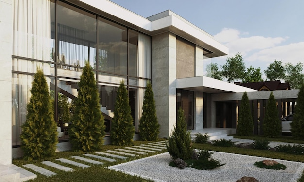 Wizualizacja 3D nowoczesnego domu z tarasem i panoramicznymi oknami. Architektura nowoczesna.