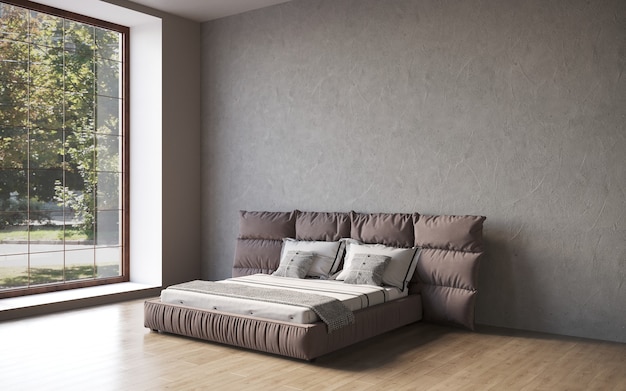 Wizualizacja 3d podwójnego łóżka ze stolikami nocnymi w minimalistycznym renderze wnętrza cg