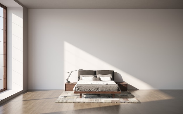 Wizualizacja 3d podwójnego łóżka ze stolikami nocnymi w minimalistycznym wnętrzu ilustracja 3D