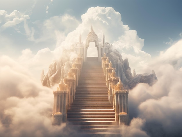 Wizualizacja schodów do nieba Kamienne schody prowadzące do wizualizacji pochmurnego nieba Jasne światło widoczne w chmurach reprezentujących niebo Generacyjna sztuczna inteligencja
