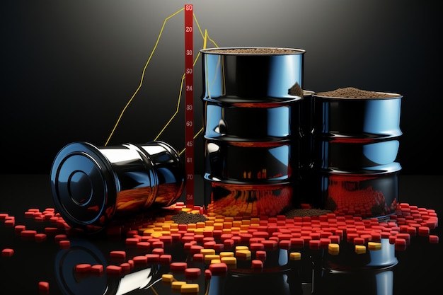 Wizualizacja spadku 3D czerwony wykres, niebieska dysza, czarne beczki przedstawiają spadające ceny ropy